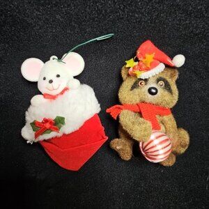 Vintage Flocked Raccoon and Mouse Christmas Ornament Lot Forest Creature Figure